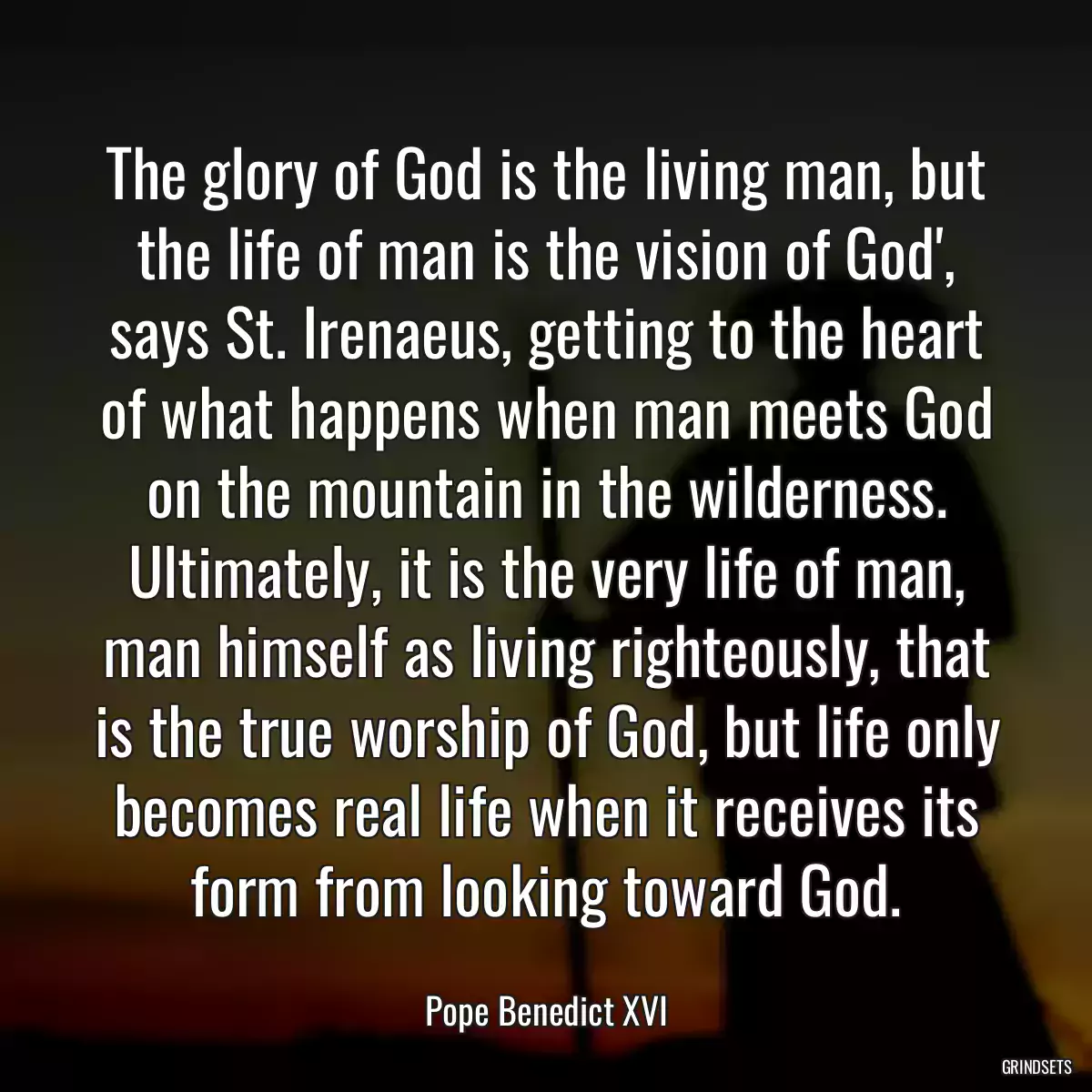 The glory of God is the living man, but the life of man is the vision of God\', says St. Irenaeus, getting to the heart of what happens when man meets God on the mountain in the wilderness. Ultimately, it is the very life of man, man himself as living righteously, that is the true worship of God, but life only becomes real life when it receives its form from looking toward God.