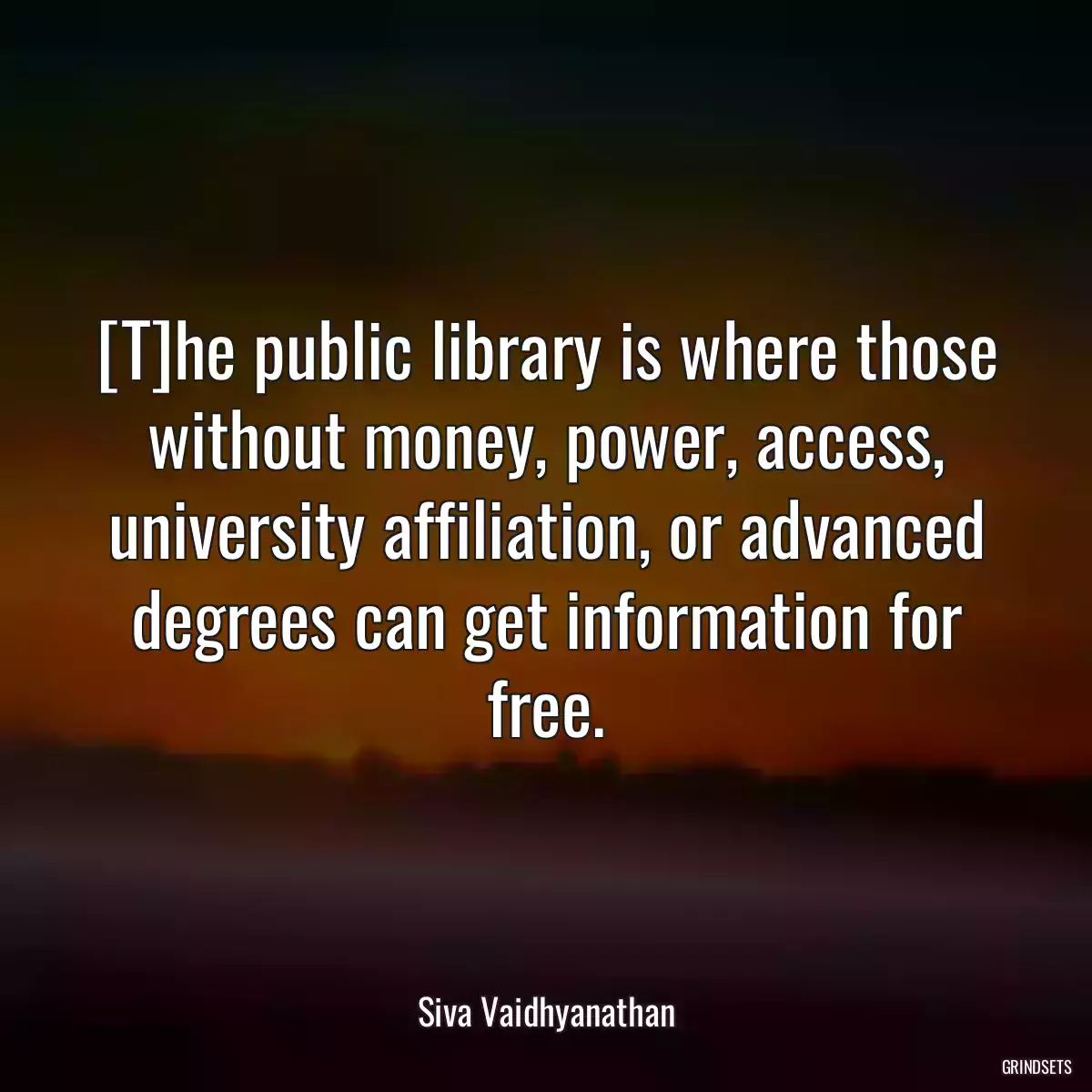 [T]he public library is where those without money, power, access, university affiliation, or advanced degrees can get information for free.