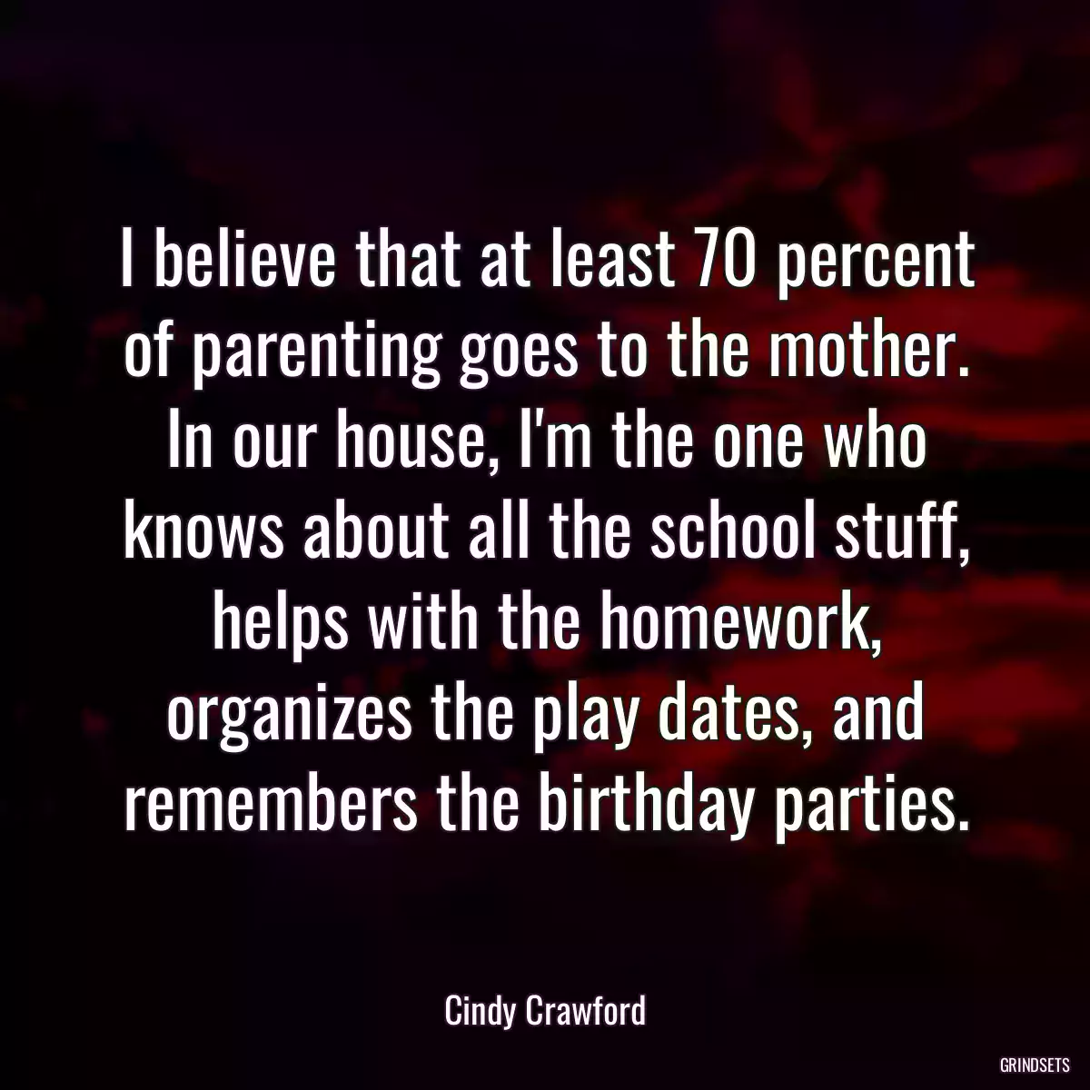 I believe that at least 70 percent of parenting goes to the mother. In our house, I\'m the one who knows about all the school stuff, helps with the homework, organizes the play dates, and remembers the birthday parties.