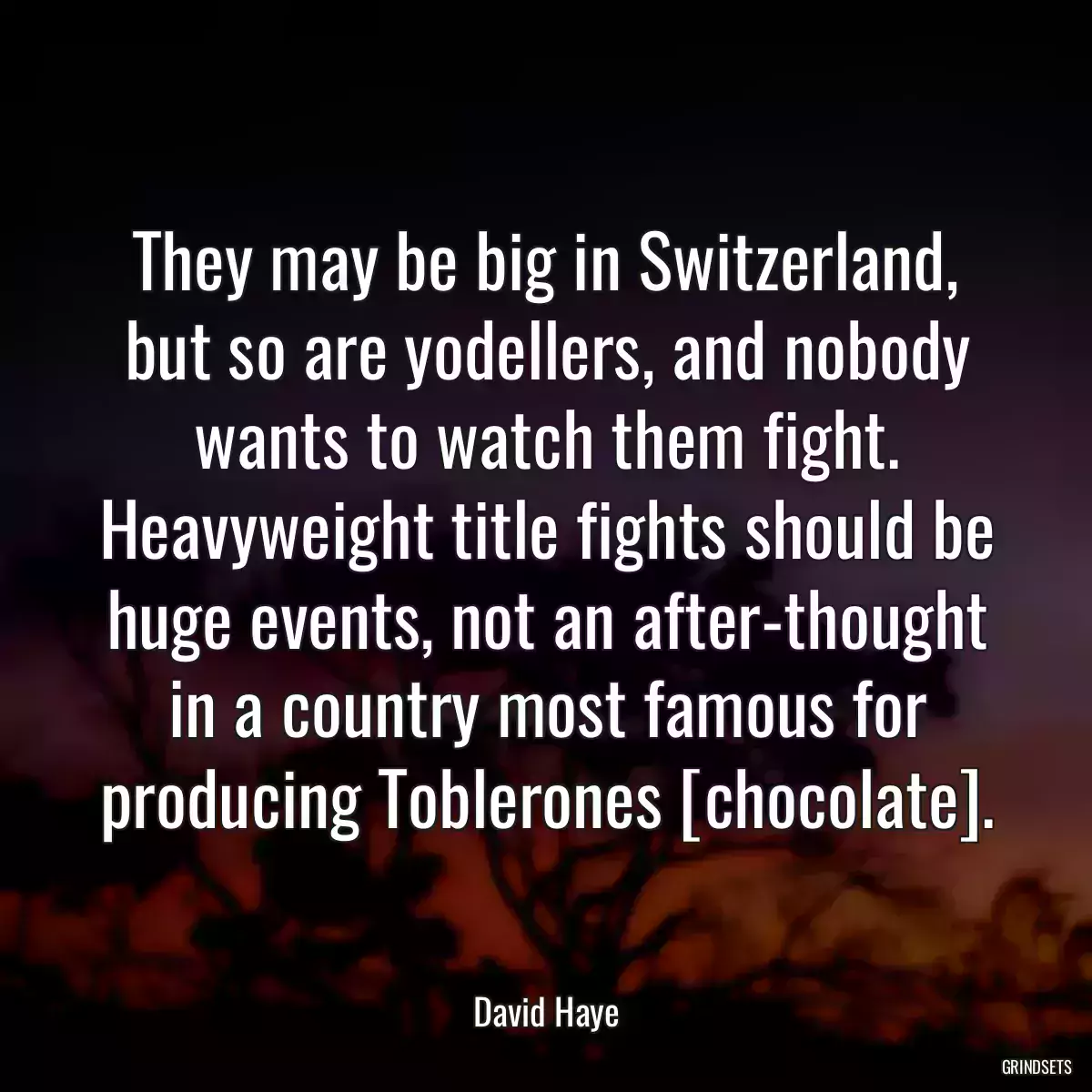 They may be big in Switzerland, but so are yodellers, and nobody wants to watch them fight. Heavyweight title fights should be huge events, not an after-thought in a country most famous for producing Toblerones [chocolate].