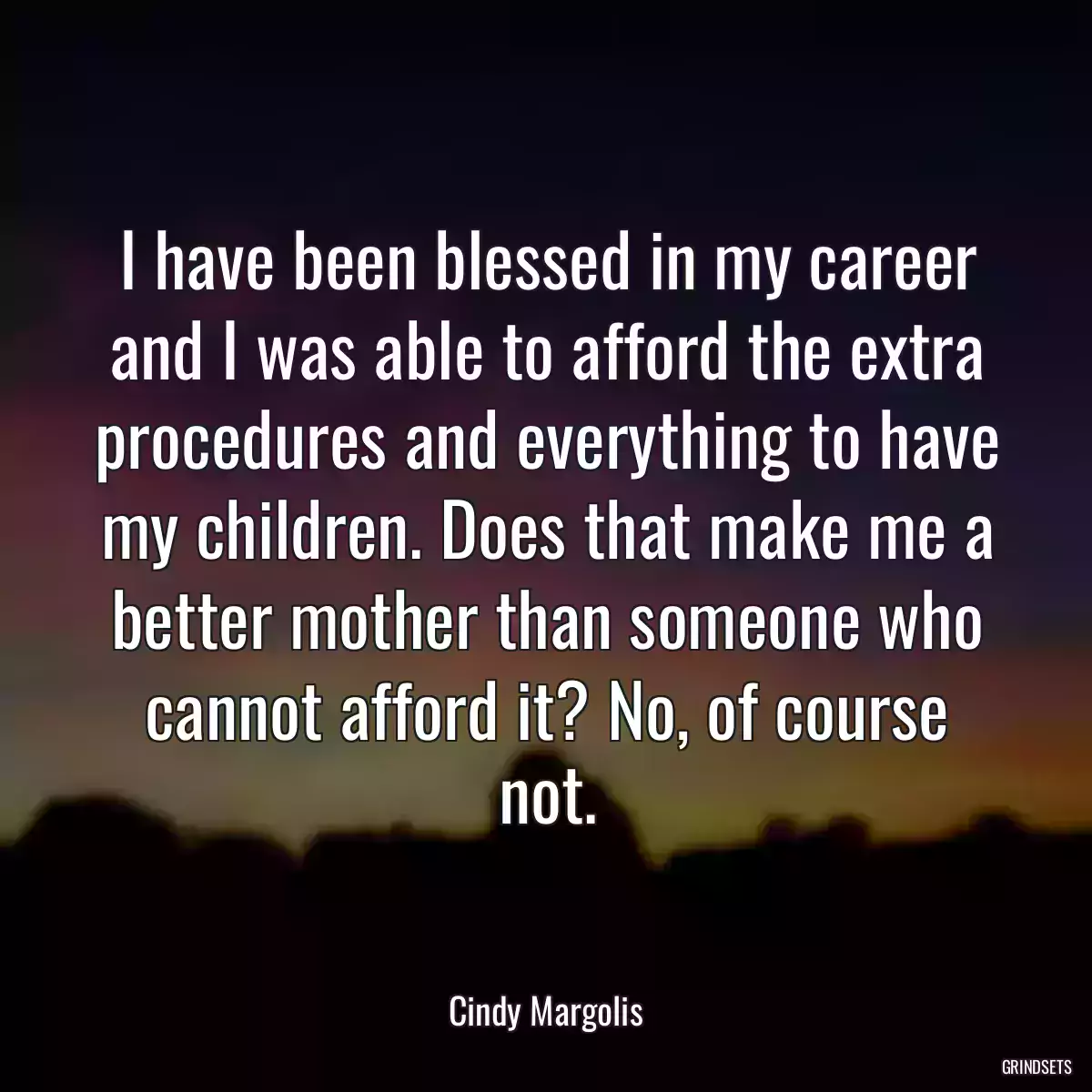 I have been blessed in my career and I was able to afford the extra procedures and everything to have my children. Does that make me a better mother than someone who cannot afford it? No, of course not.