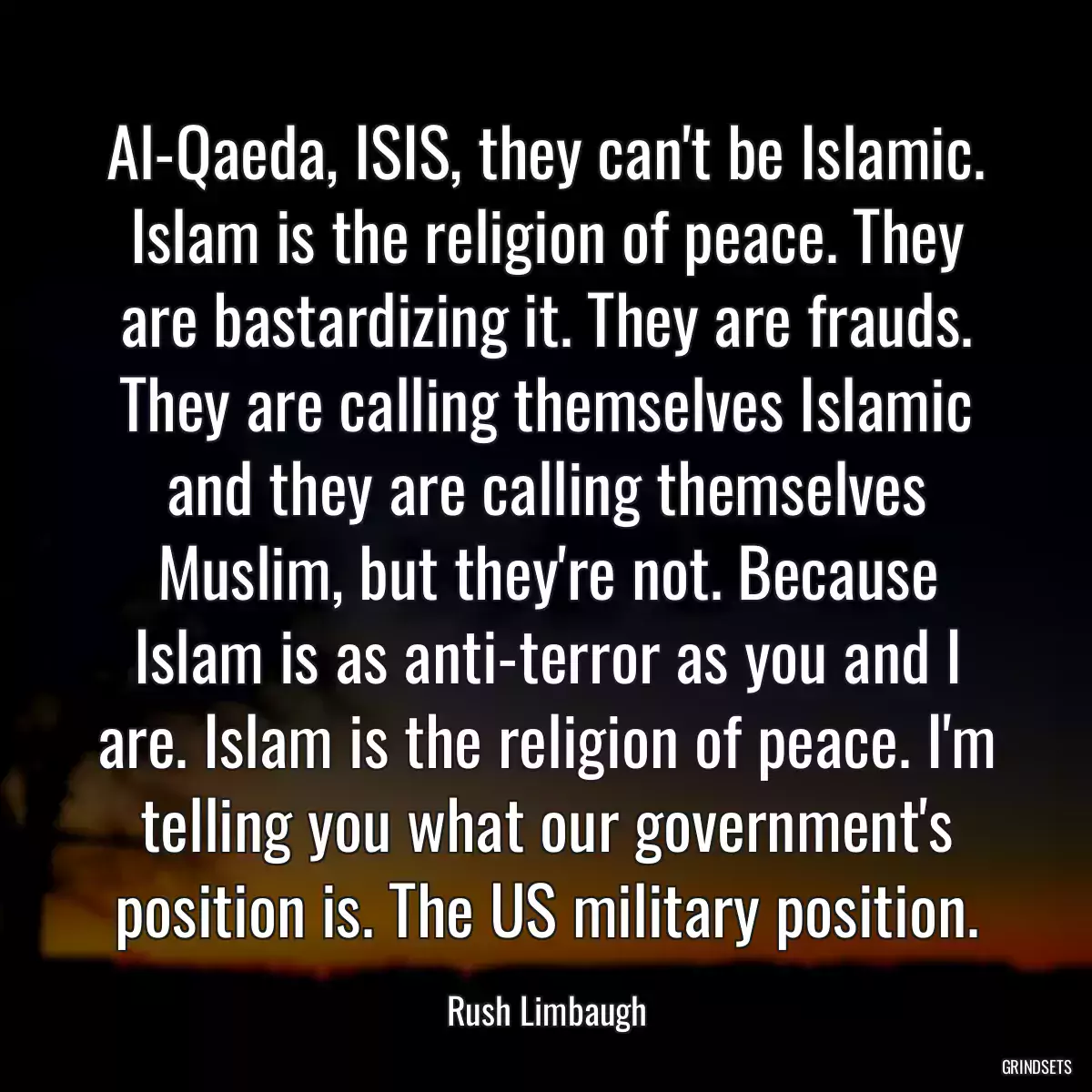 Al-Qaeda, ISIS, they can\'t be Islamic. Islam is the religion of peace. They are bastardizing it. They are frauds. They are calling themselves Islamic and they are calling themselves Muslim, but they\'re not. Because Islam is as anti-terror as you and I are. Islam is the religion of peace. I\'m telling you what our government\'s position is. The US military position.