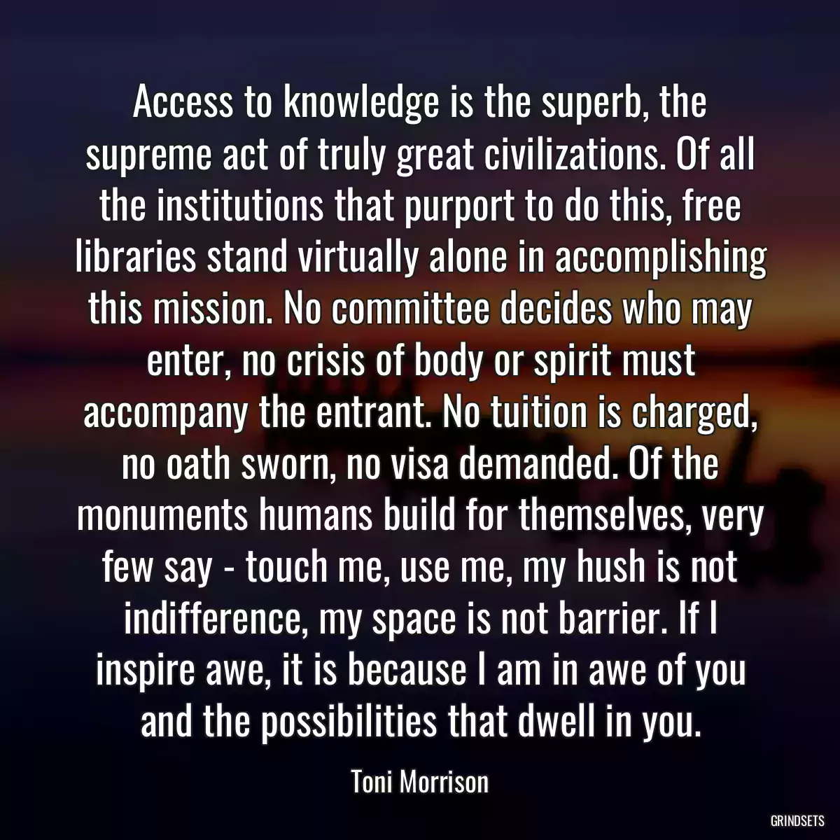 Access to knowledge is the superb, the supreme act of truly great civilizations. Of all the institutions that purport to do this, free libraries stand virtually alone in accomplishing this mission. No committee decides who may enter, no crisis of body or spirit must accompany the entrant. No tuition is charged, no oath sworn, no visa demanded. Of the monuments humans build for themselves, very few say - touch me, use me, my hush is not indifference, my space is not barrier. If I inspire awe, it is because I am in awe of you and the possibilities that dwell in you.