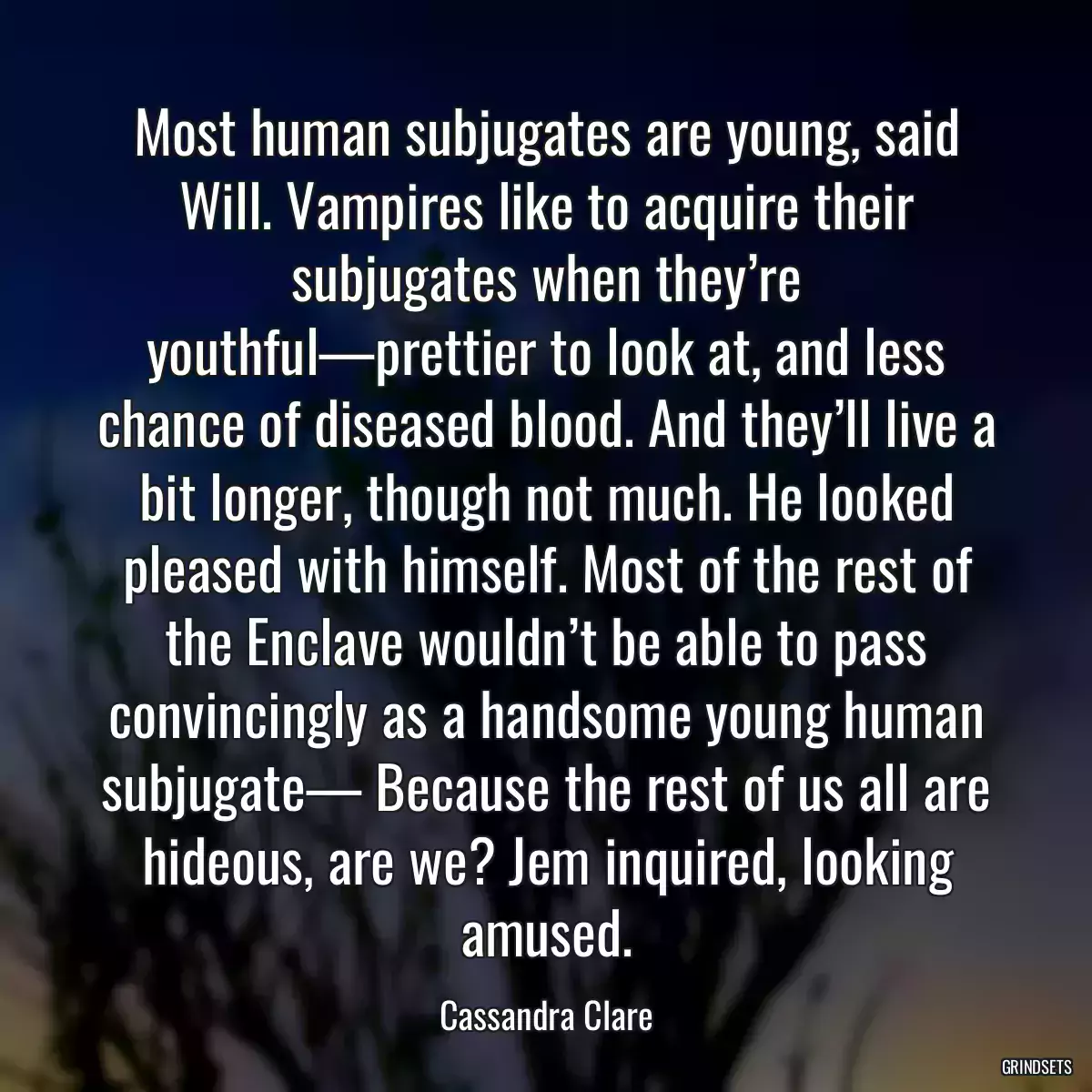 Most human subjugates are young, said Will. Vampires like to acquire their subjugates when they’re youthful—prettier to look at, and less chance of diseased blood. And they’ll live a bit longer, though not much. He looked pleased with himself. Most of the rest of the Enclave wouldn’t be able to pass convincingly as a handsome young human subjugate— Because the rest of us all are hideous, are we? Jem inquired, looking amused.