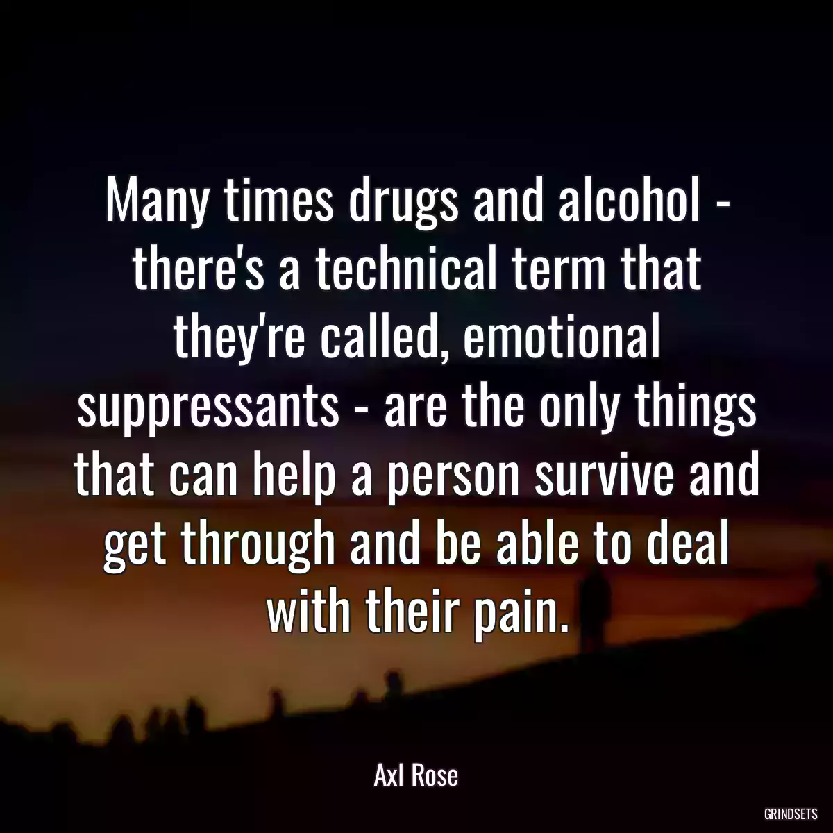 Many times drugs and alcohol - there\'s a technical term that they\'re called, emotional suppressants - are the only things that can help a person survive and get through and be able to deal with their pain.