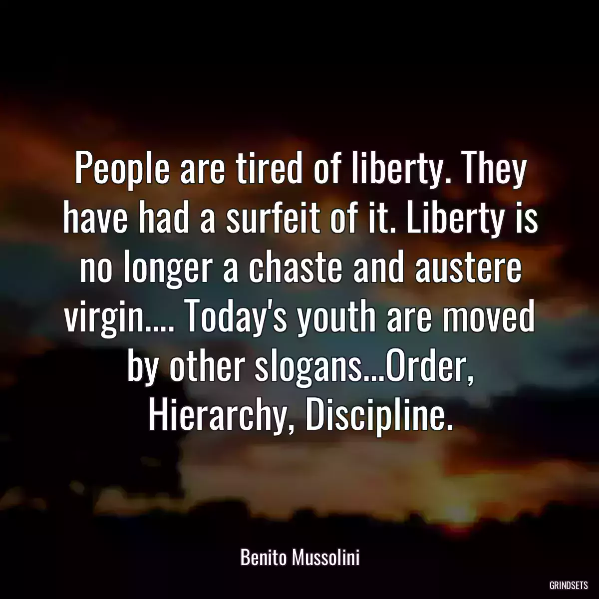 People are tired of liberty. They have had a surfeit of it. Liberty is no longer a chaste and austere virgin.... Today\'s youth are moved by other slogans...Order, Hierarchy, Discipline.