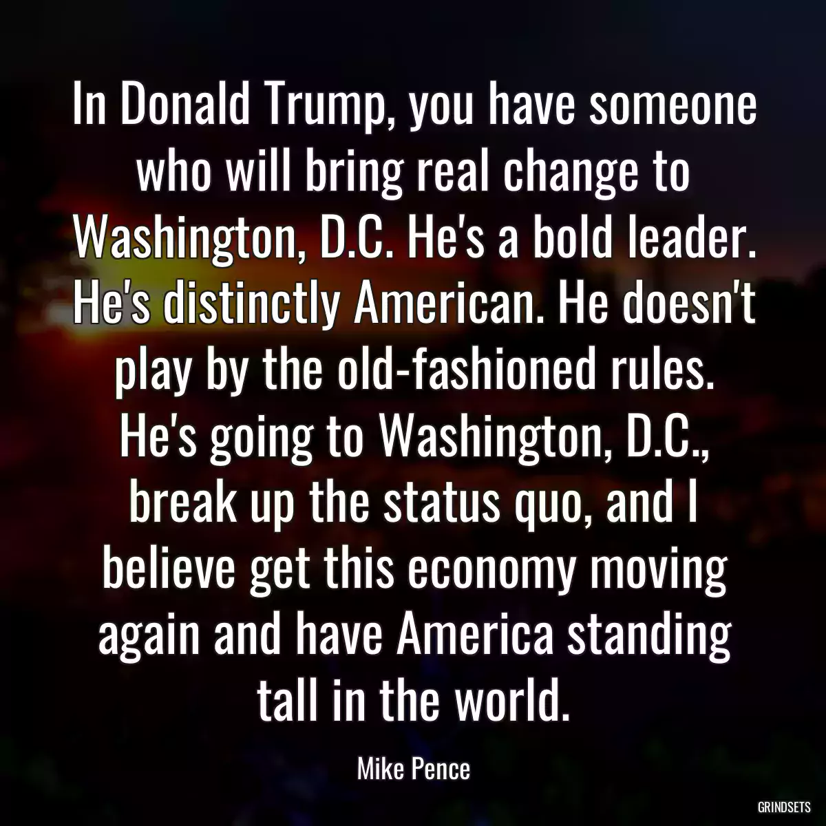 In Donald Trump, you have someone who will bring real change to Washington, D.C. He\'s a bold leader. He\'s distinctly American. He doesn\'t play by the old-fashioned rules. He\'s going to Washington, D.C., break up the status quo, and I believe get this economy moving again and have America standing tall in the world.