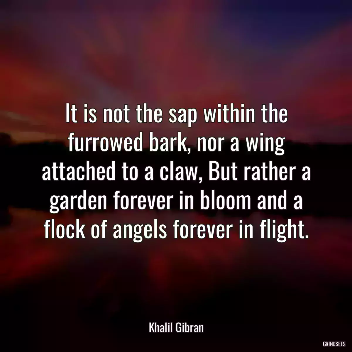 It is not the sap within the furrowed bark, nor a wing attached to a claw, But rather a garden forever in bloom and a flock of angels forever in flight.