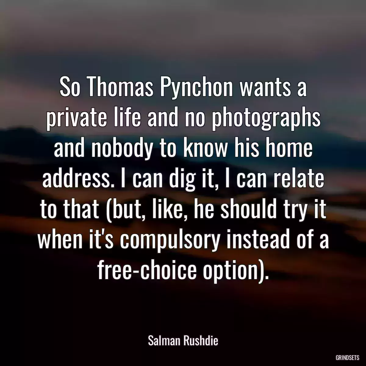 So Thomas Pynchon wants a private life and no photographs and nobody to know his home address. I can dig it, I can relate to that (but, like, he should try it when it\'s compulsory instead of a free-choice option).