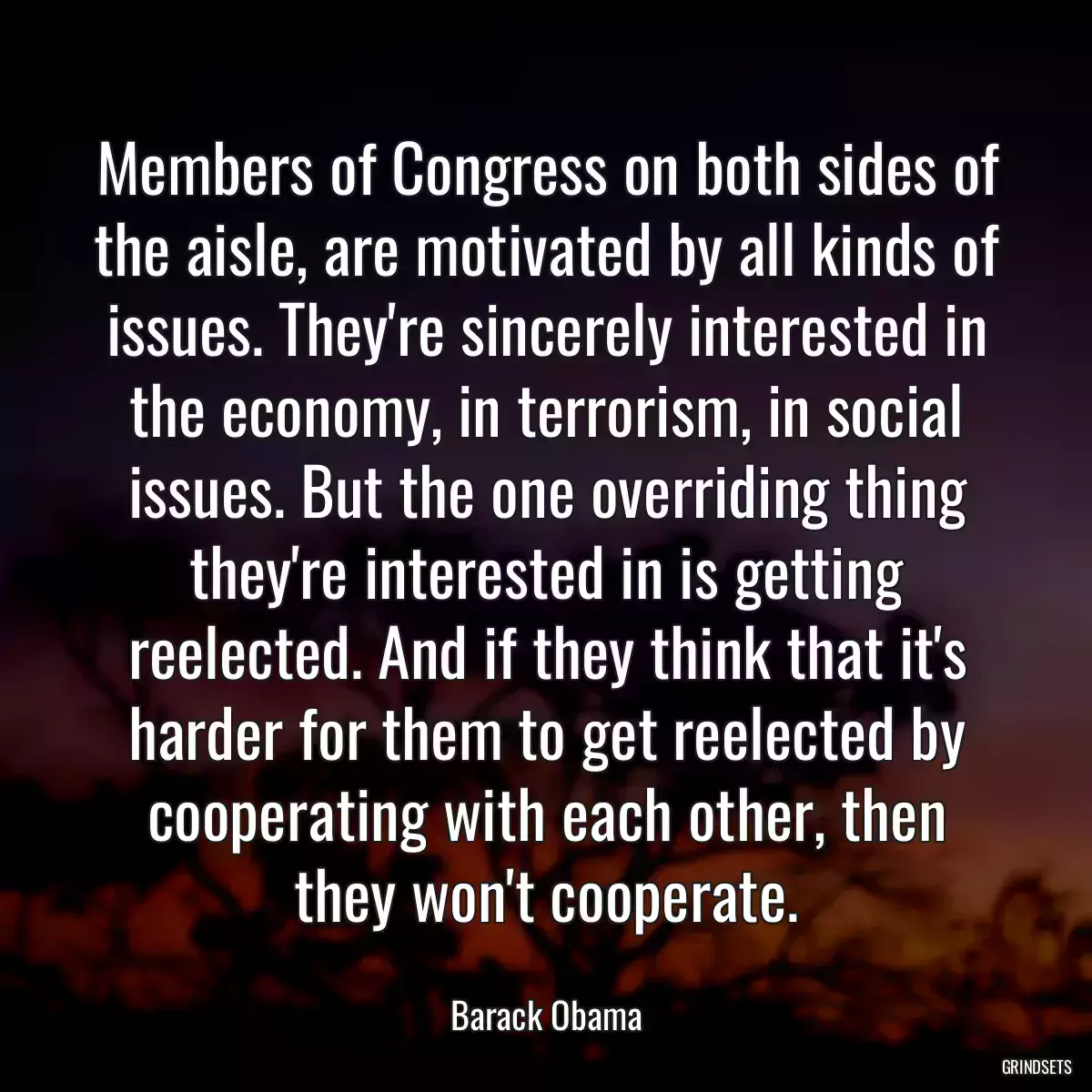 Members of Congress on both sides of the aisle, are motivated by all kinds of issues. They\'re sincerely interested in the economy, in terrorism, in social issues. But the one overriding thing they\'re interested in is getting reelected. And if they think that it\'s harder for them to get reelected by cooperating with each other, then they won\'t cooperate.