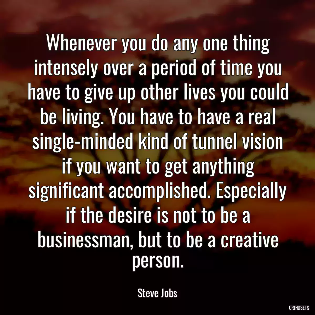 Whenever you do any one thing intensely over a period of time you have to give up other lives you could be living. You have to have a real single-minded kind of tunnel vision if you want to get anything significant accomplished. Especially if the desire is not to be a businessman, but to be a creative person.