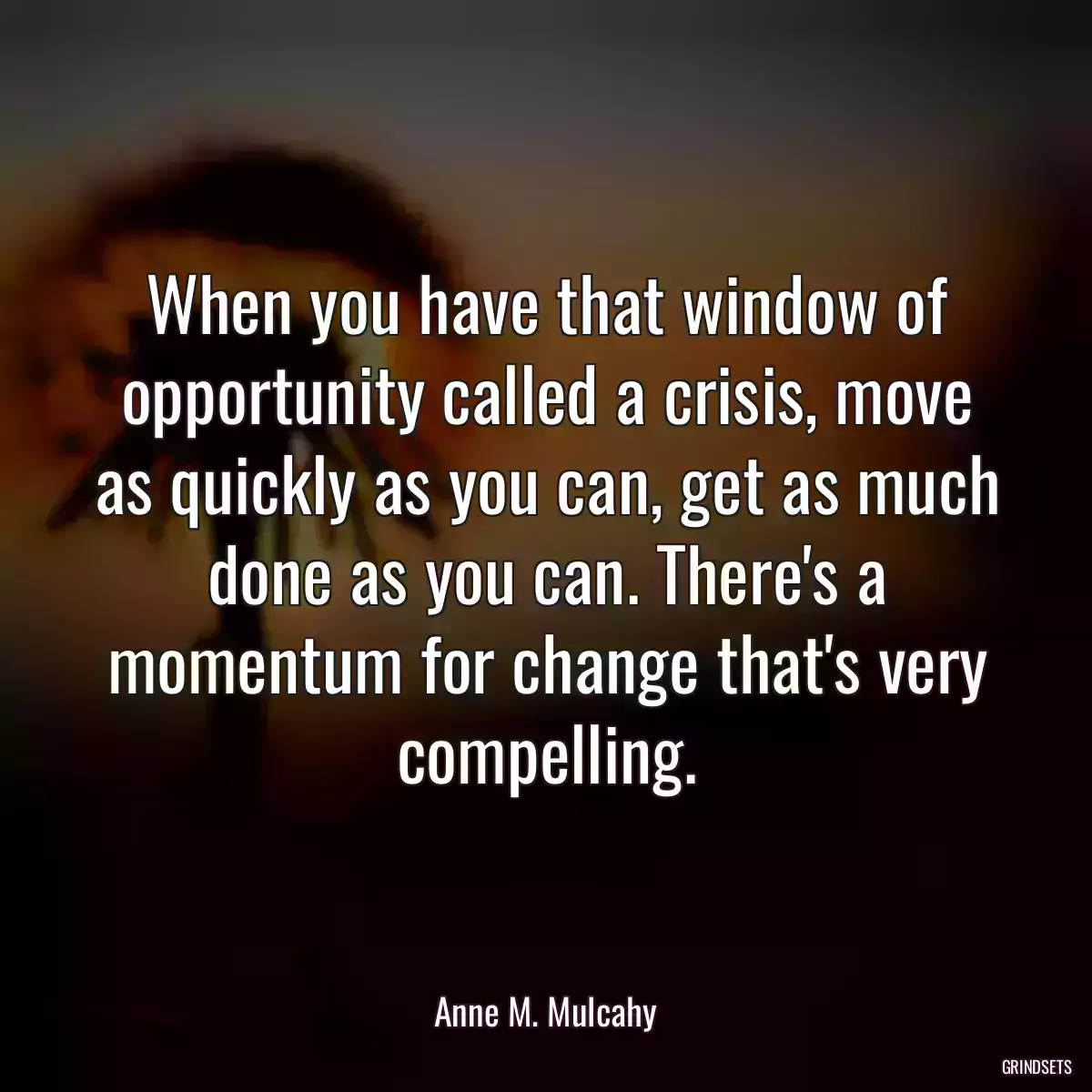 When you have that window of opportunity called a crisis, move as quickly as you can, get as much done as you can. There\'s a momentum for change that\'s very compelling.