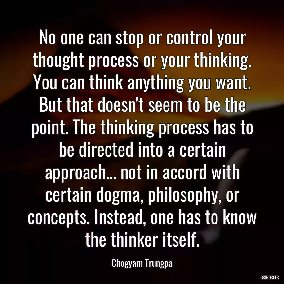 No one can stop or control your thought process or your thinking. You can think anything you want. But that doesn\'t seem to be the point. The thinking process has to be directed into a certain approach... not in accord with certain dogma, philosophy, or concepts. Instead, one has to know the thinker itself.