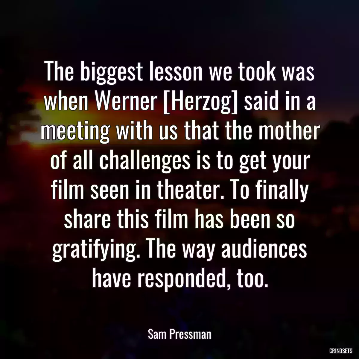 The biggest lesson we took was when Werner [Herzog] said in a meeting with us that the mother of all challenges is to get your film seen in theater. To finally share this film has been so gratifying. The way audiences have responded, too.