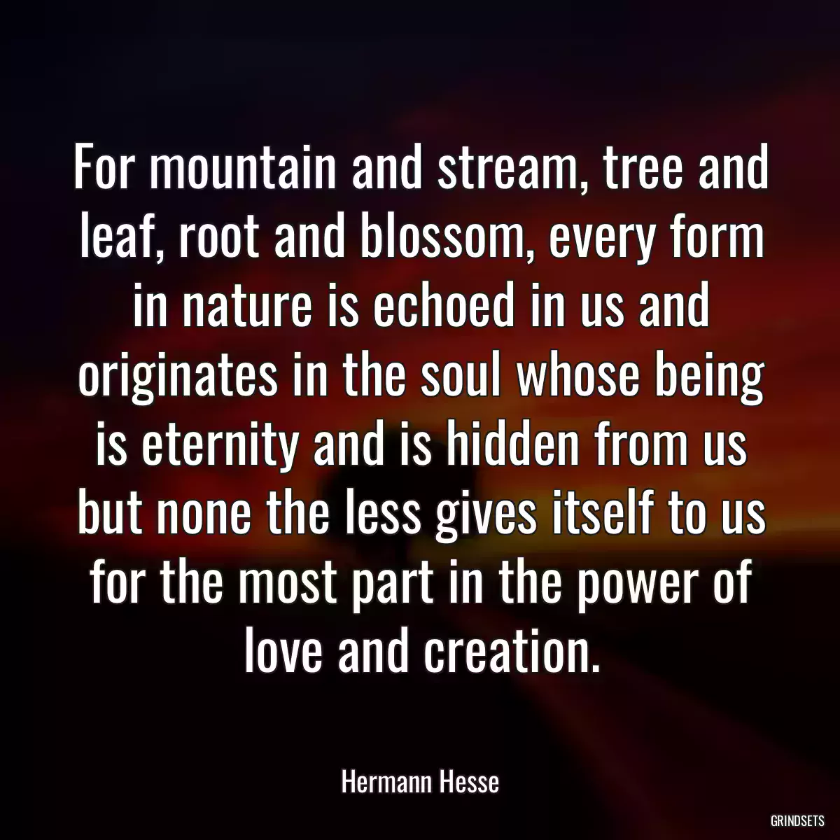 For mountain and stream, tree and leaf, root and blossom, every form in nature is echoed in us and originates in the soul whose being is eternity and is hidden from us but none the less gives itself to us for the most part in the power of love and creation.