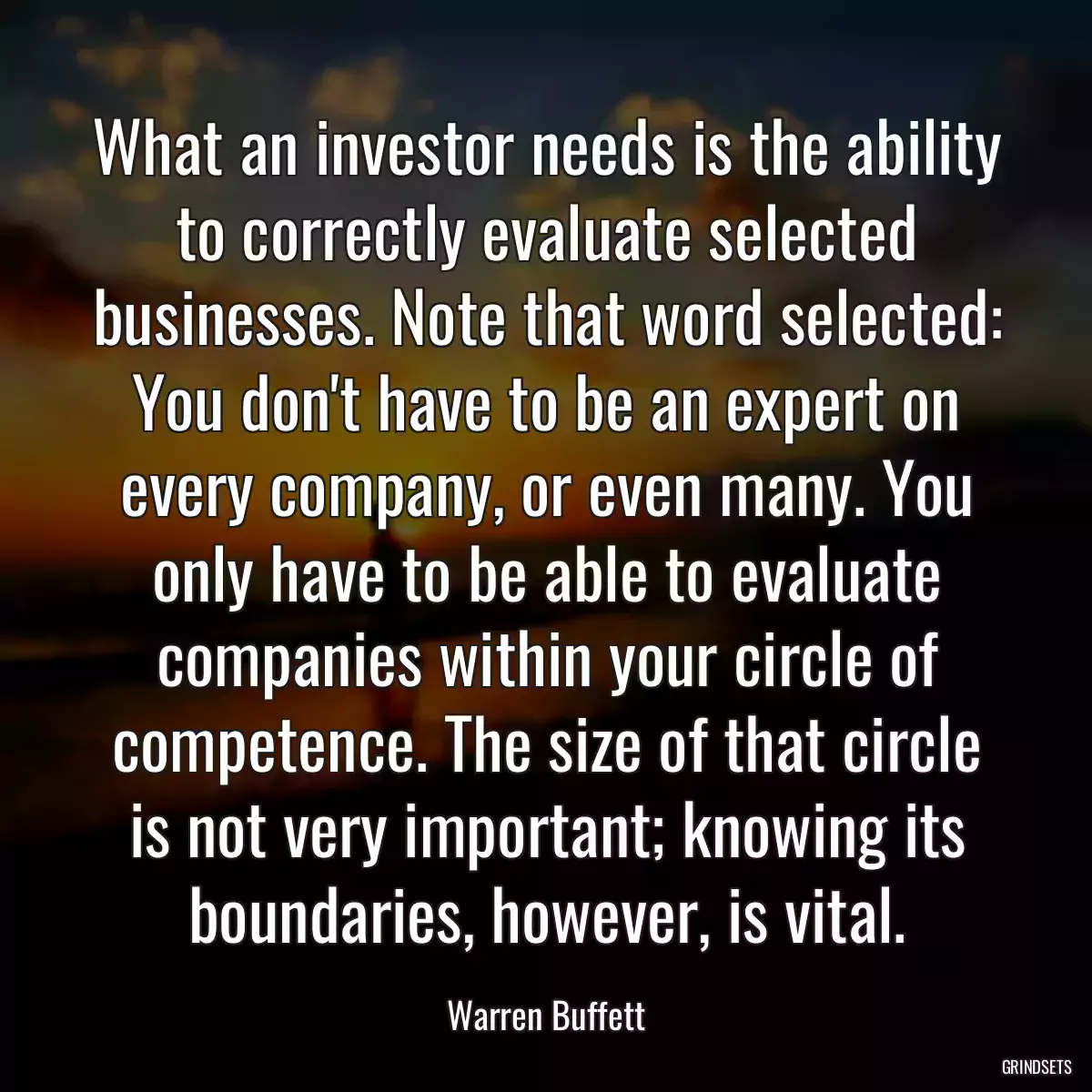 What an investor needs is the ability to correctly evaluate selected businesses. Note that word selected: You don\'t have to be an expert on every company, or even many. You only have to be able to evaluate companies within your circle of competence. The size of that circle is not very important; knowing its boundaries, however, is vital.