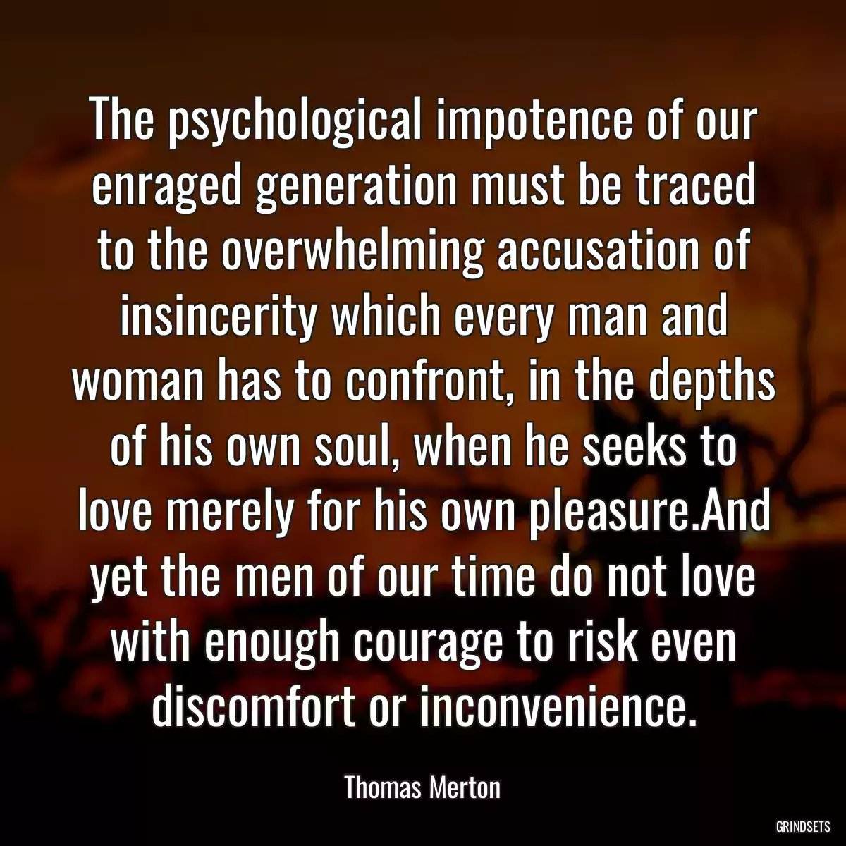 The psychological impotence of our enraged generation must be traced to the overwhelming accusation of insincerity which every man and woman has to confront, in the depths of his own soul, when he seeks to love merely for his own pleasure.And yet the men of our time do not love with enough courage to risk even discomfort or inconvenience.