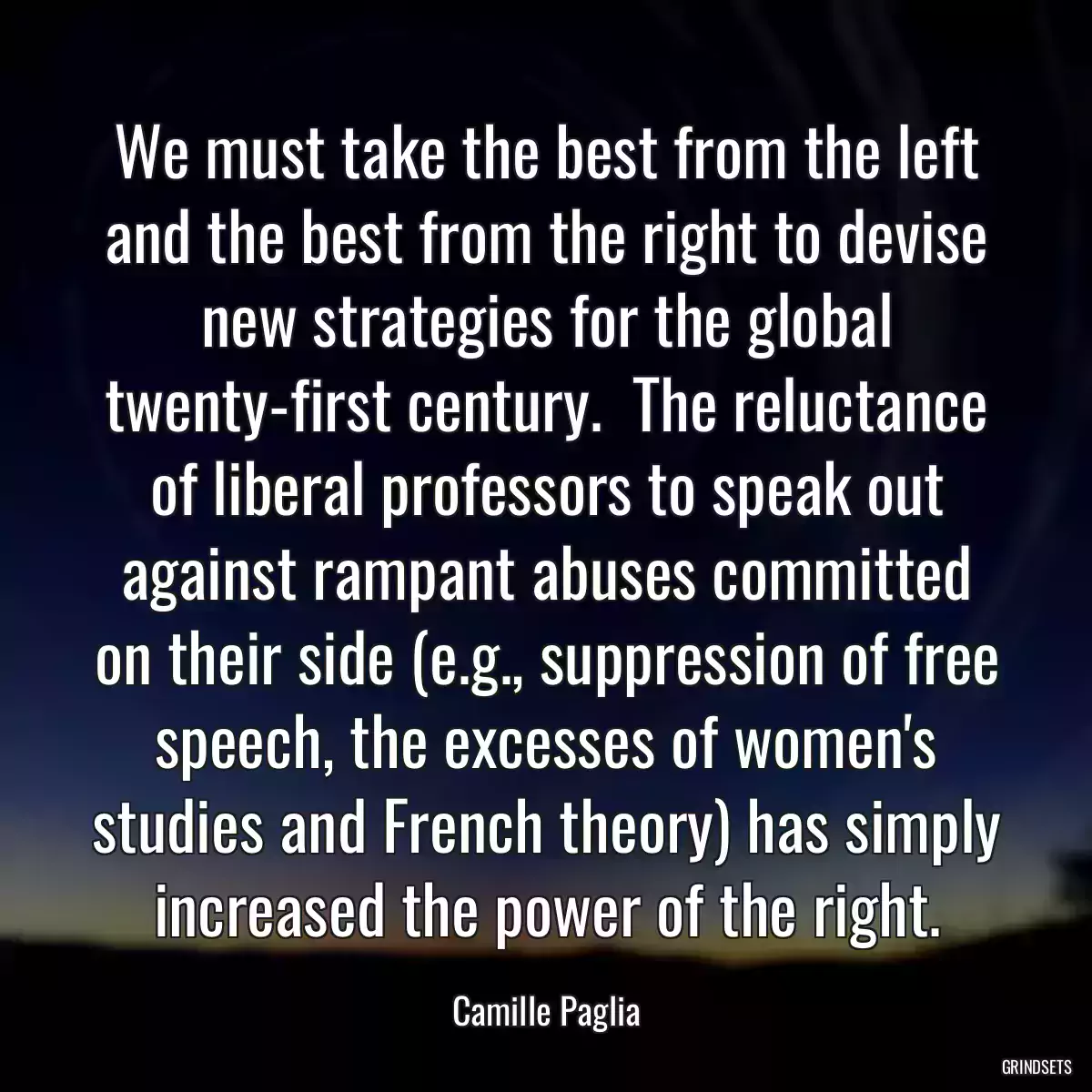 We must take the best from the left and the best from the right to devise new strategies for the global twenty-first century.  The reluctance of liberal professors to speak out against rampant abuses committed on their side (e.g., suppression of free speech, the excesses of women\'s studies and French theory) has simply increased the power of the right.