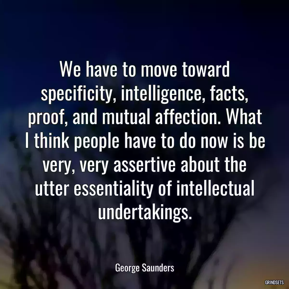 We have to move toward specificity, intelligence, facts, proof, and mutual affection. What I think people have to do now is be very, very assertive about the utter essentiality of intellectual undertakings.