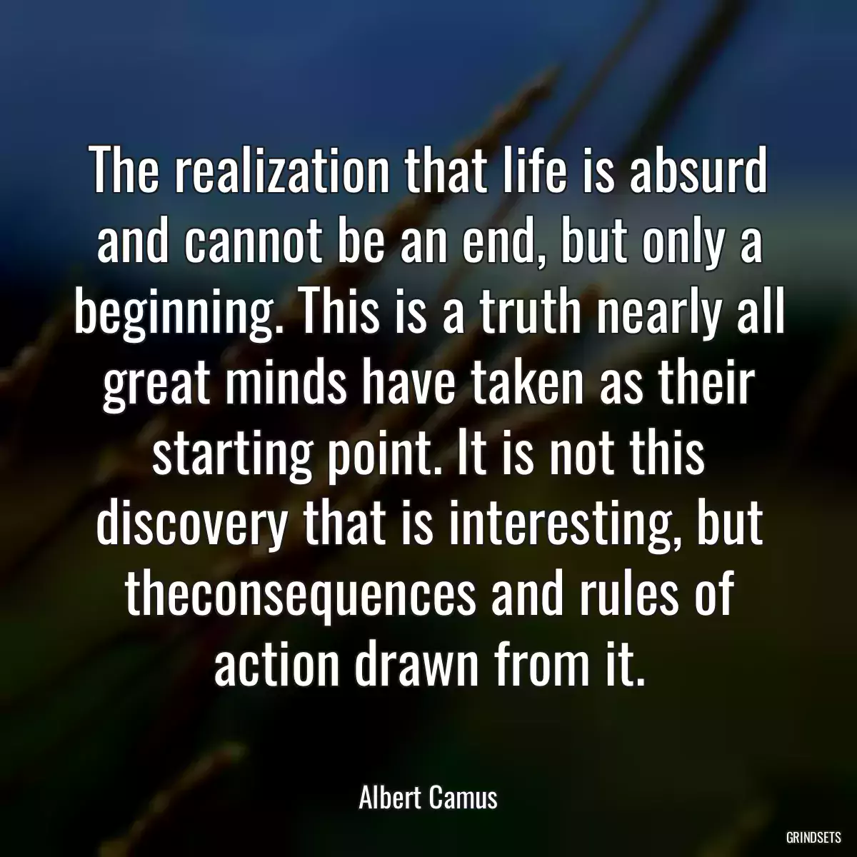 The realization that life is absurd and cannot be an end, but only a beginning. This is a truth nearly all great minds have taken as their starting point. It is not this discovery that is interesting, but theconsequences and rules of action drawn from it.