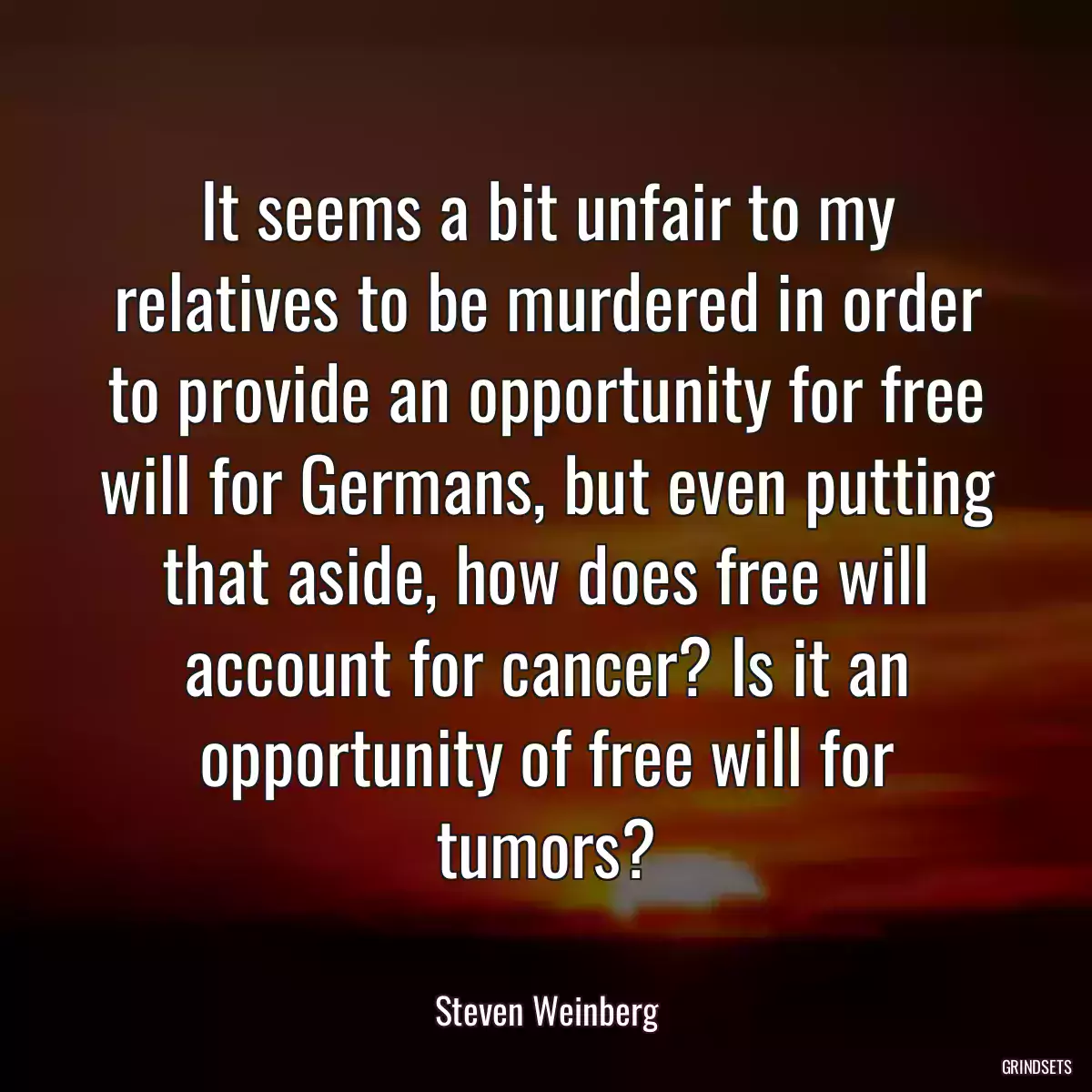 It seems a bit unfair to my relatives to be murdered in order to provide an opportunity for free will for Germans, but even putting that aside, how does free will account for cancer? Is it an opportunity of free will for tumors?