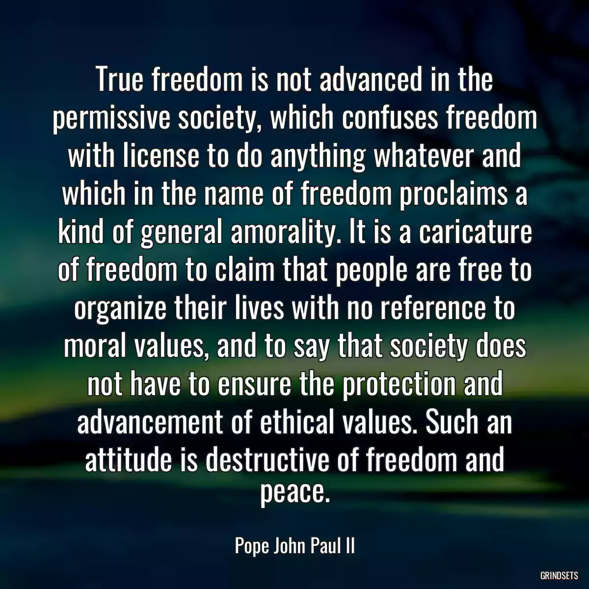 True freedom is not advanced in the permissive society, which confuses freedom with license to do anything whatever and which in the name of freedom proclaims a kind of general amorality. It is a caricature of freedom to claim that people are free to organize their lives with no reference to moral values, and to say that society does not have to ensure the protection and advancement of ethical values. Such an attitude is destructive of freedom and peace.