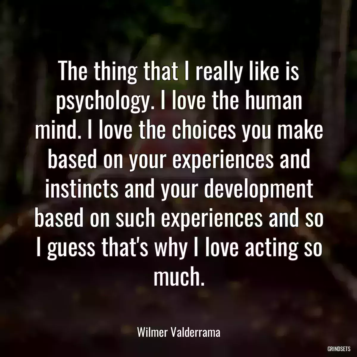 The thing that I really like is psychology. I love the human mind. I love the choices you make based on your experiences and instincts and your development based on such experiences and so I guess that\'s why I love acting so much.