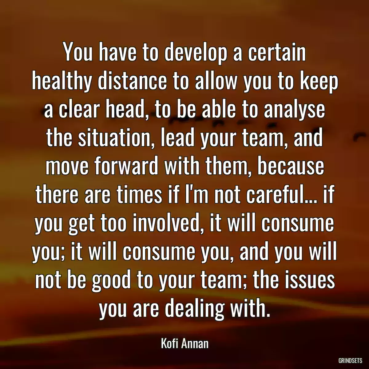 You have to develop a certain healthy distance to allow you to keep a clear head, to be able to analyse the situation, lead your team, and move forward with them, because there are times if I\'m not careful... if you get too involved, it will consume you; it will consume you, and you will not be good to your team; the issues you are dealing with.