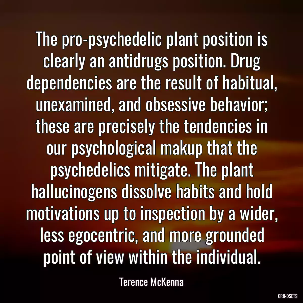 The pro-psychedelic plant position is clearly an antidrugs position. Drug dependencies are the result of habitual, unexamined, and obsessive behavior; these are precisely the tendencies in our psychological makup that the psychedelics mitigate. The plant hallucinogens dissolve habits and hold motivations up to inspection by a wider, less egocentric, and more grounded point of view within the individual.