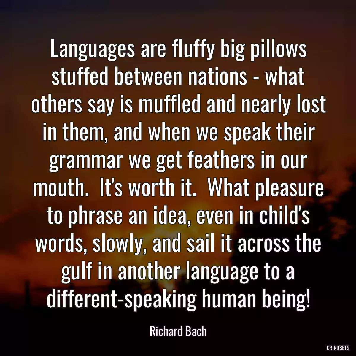 Languages are fluffy big pillows stuffed between nations - what others say is muffled and nearly lost in them, and when we speak their grammar we get feathers in our mouth.  It\'s worth it.  What pleasure to phrase an idea, even in child\'s words, slowly, and sail it across the gulf in another language to a different-speaking human being!