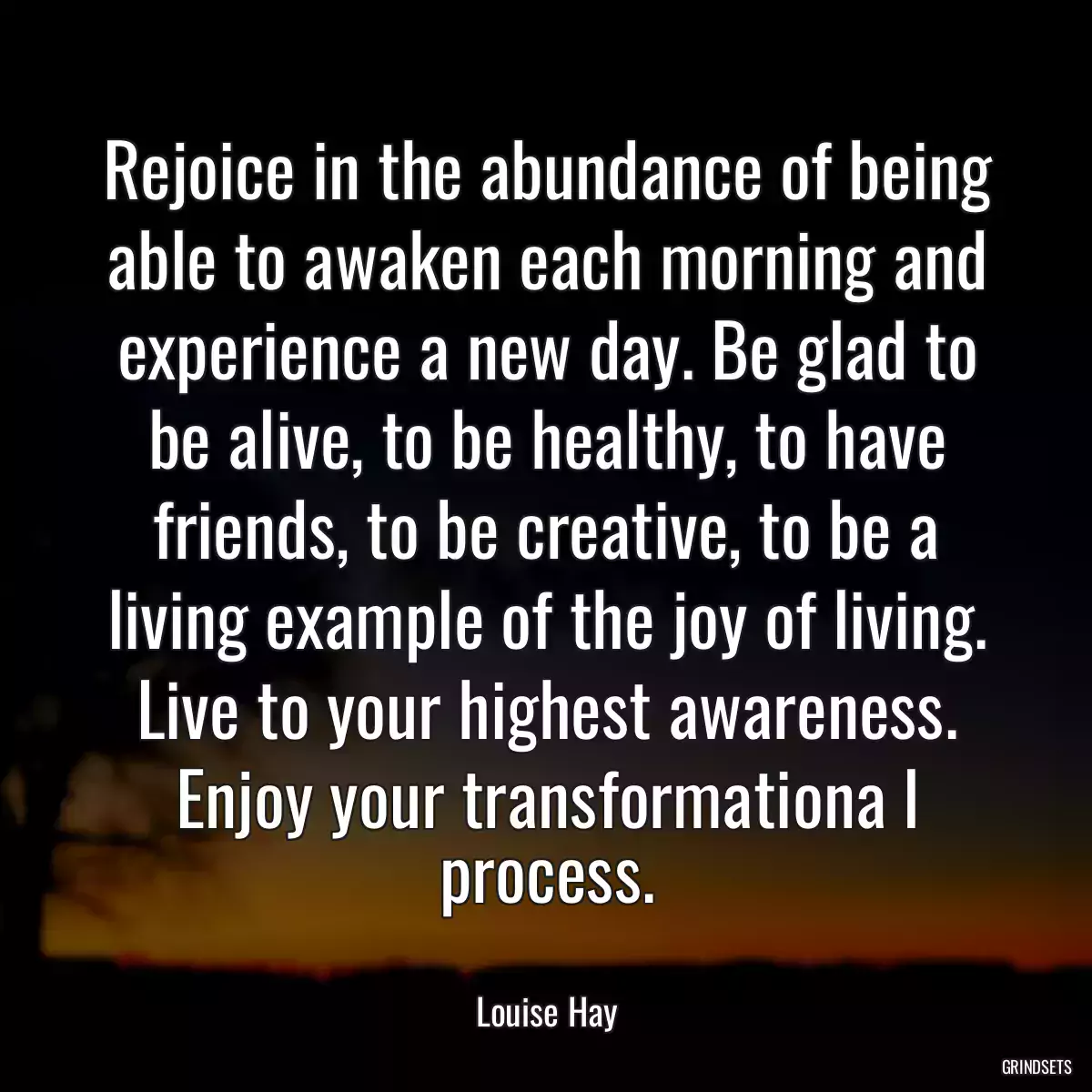 Rejoice in the abundance of being able to awaken each morning and experience a new day. Be glad to be alive, to be healthy, to have friends, to be creative, to be a living example of the joy of living. Live to your highest awareness. Enjoy your transformationa l process.