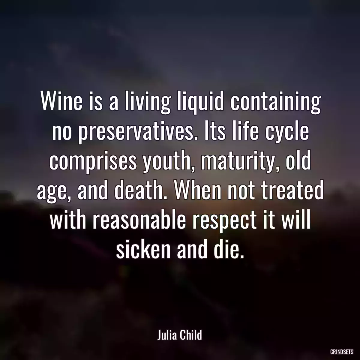 Wine is a living liquid containing no preservatives. Its life cycle comprises youth, maturity, old age, and death. When not treated with reasonable respect it will sicken and die.