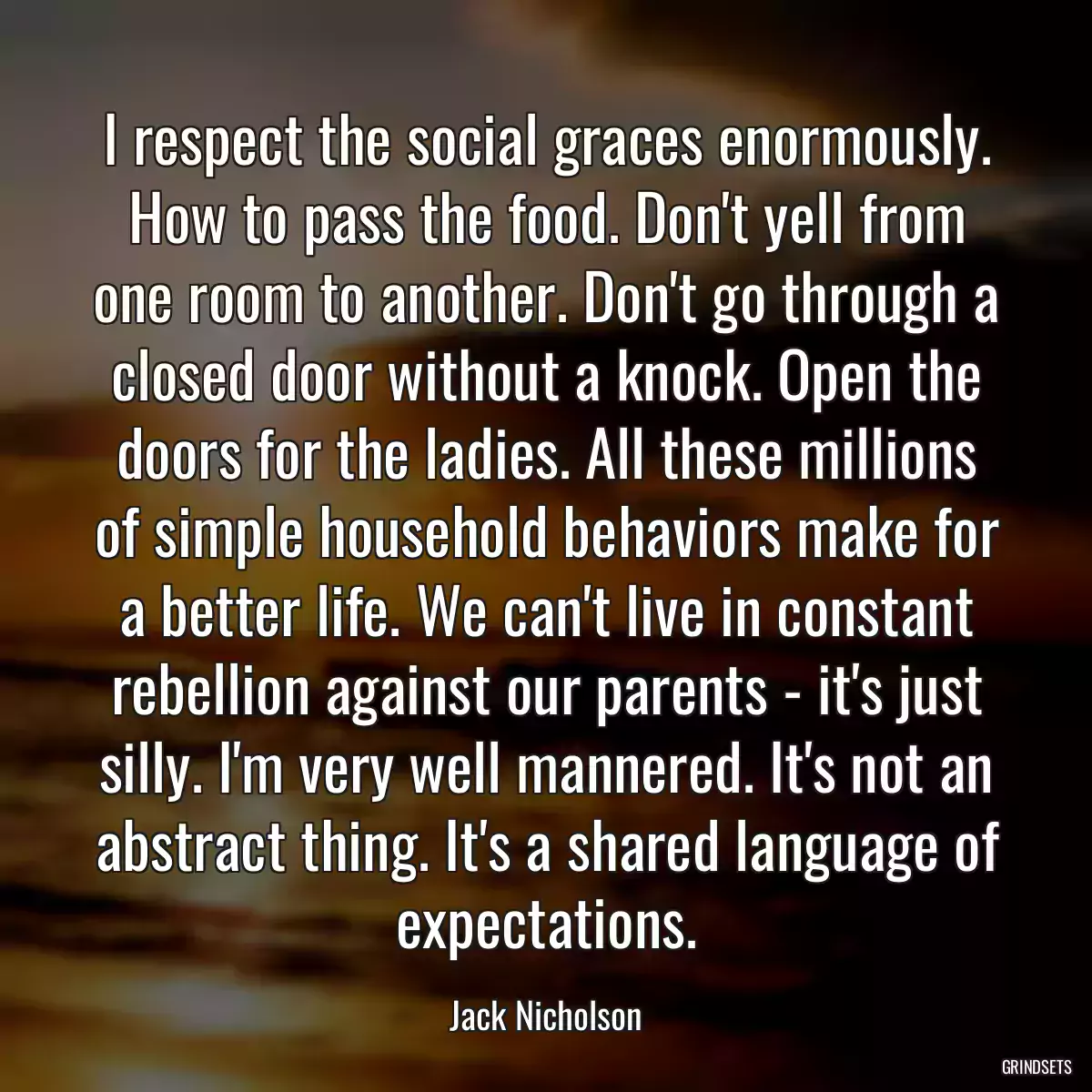 I respect the social graces enormously. How to pass the food. Don\'t yell from one room to another. Don\'t go through a closed door without a knock. Open the doors for the ladies. All these millions of simple household behaviors make for a better life. We can\'t live in constant rebellion against our parents - it\'s just silly. I\'m very well mannered. It\'s not an abstract thing. It\'s a shared language of expectations.