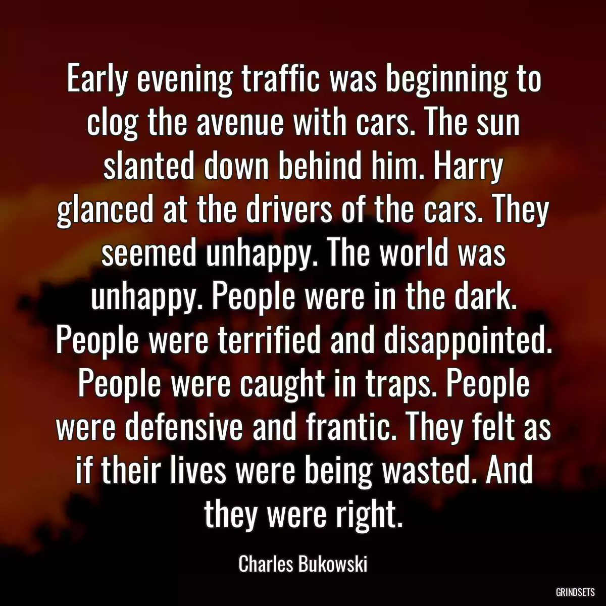 Early evening traffic was beginning to clog the avenue with cars. The sun slanted down behind him. Harry glanced at the drivers of the cars. They seemed unhappy. The world was unhappy. People were in the dark. People were terrified and disappointed. People were caught in traps. People were defensive and frantic. They felt as if their lives were being wasted. And they were right.