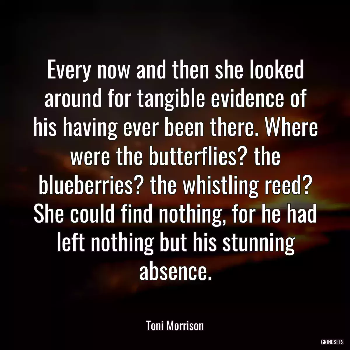 Every now and then she looked around for tangible evidence of his having ever been there. Where were the butterflies? the blueberries? the whistling reed? She could find nothing, for he had left nothing but his stunning absence.