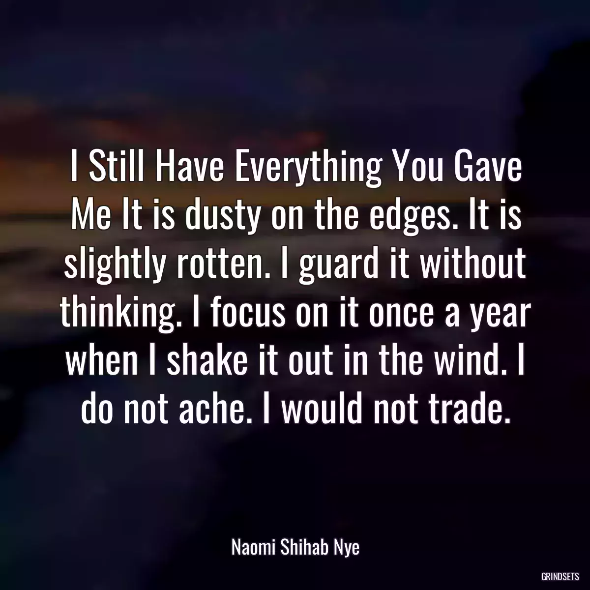 I Still Have Everything You Gave Me It is dusty on the edges. It is slightly rotten. I guard it without thinking. I focus on it once a year when I shake it out in the wind. I do not ache. I would not trade.