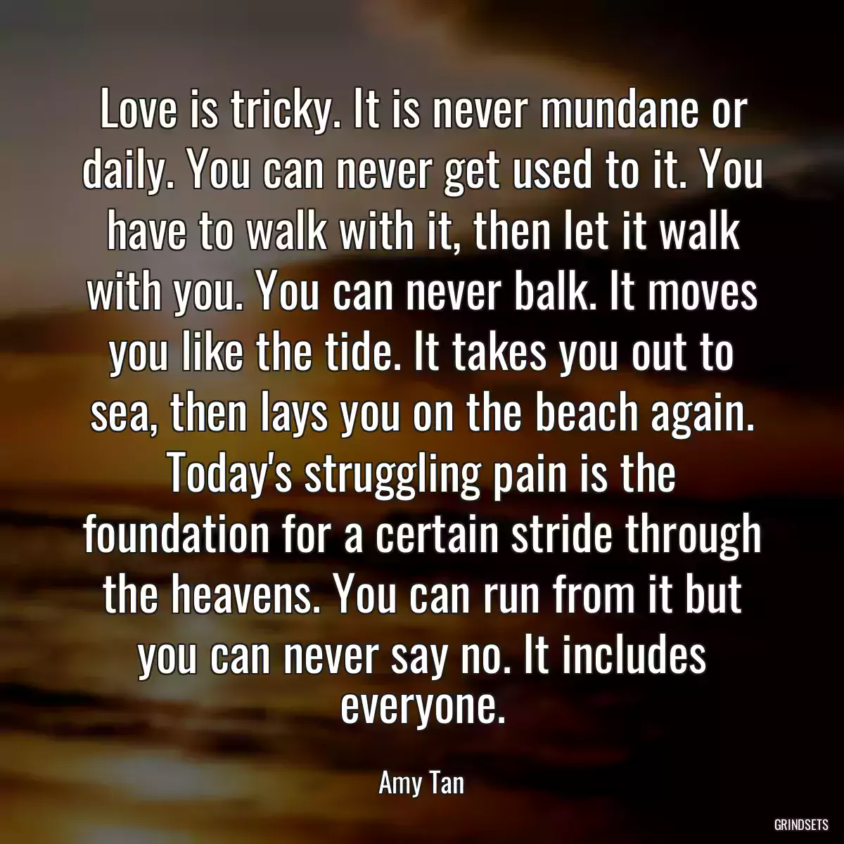 Love is tricky. It is never mundane or daily. You can never get used to it. You have to walk with it, then let it walk with you. You can never balk. It moves you like the tide. It takes you out to sea, then lays you on the beach again. Today\'s struggling pain is the foundation for a certain stride through the heavens. You can run from it but you can never say no. It includes everyone.