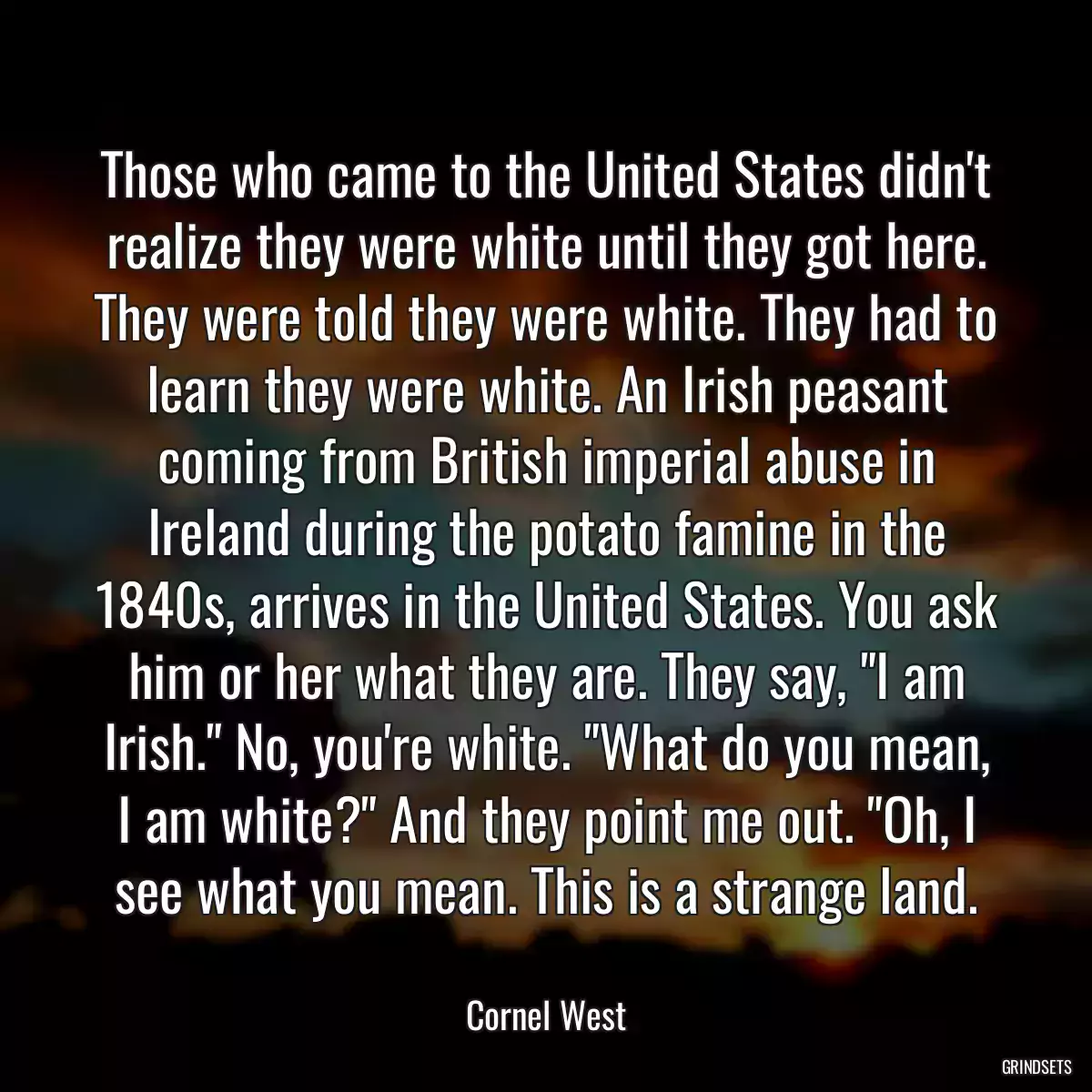 Those who came to the United States didn\'t realize they were white until they got here. They were told they were white. They had to learn they were white. An Irish peasant coming from British imperial abuse in Ireland during the potato famine in the 1840s, arrives in the United States. You ask him or her what they are. They say, \