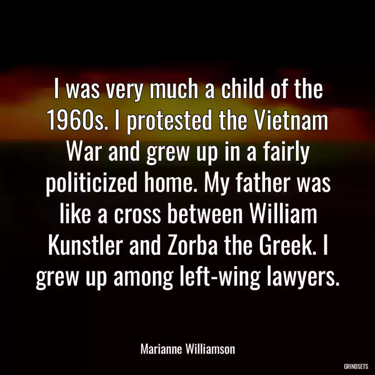 I was very much a child of the 1960s. I protested the Vietnam War and grew up in a fairly politicized home. My father was like a cross between William Kunstler and Zorba the Greek. I grew up among left-wing lawyers.
