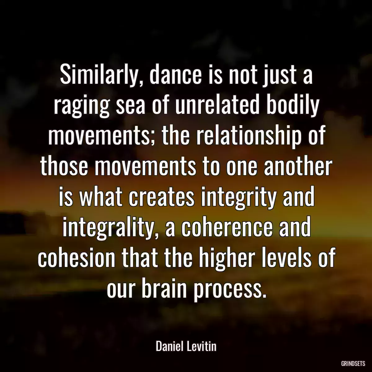 Similarly, dance is not just a raging sea of unrelated bodily movements; the relationship of those movements to one another is what creates integrity and integrality, a coherence and cohesion that the higher levels of our brain process.