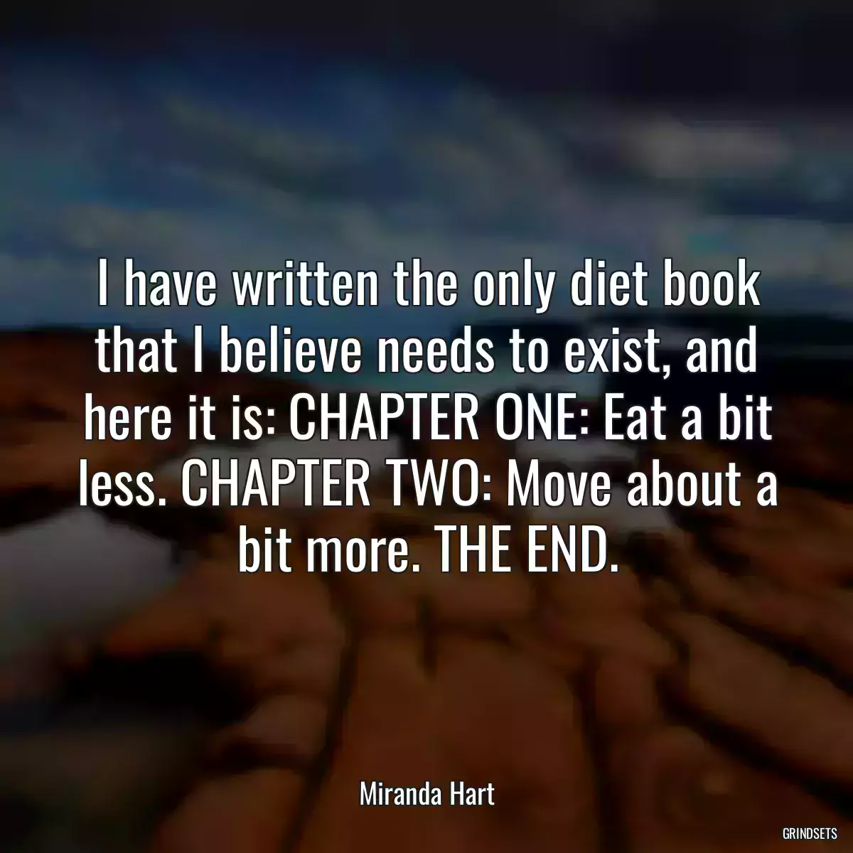 I have written the only diet book that I believe needs to exist, and here it is: CHAPTER ONE: Eat a bit less. CHAPTER TWO: Move about a bit more. THE END.