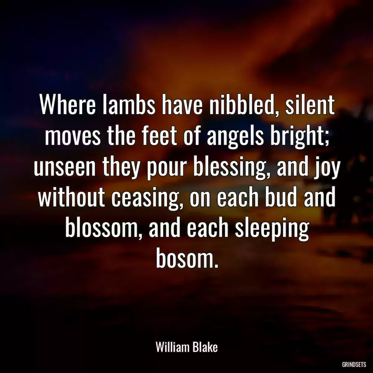 Where lambs have nibbled, silent moves the feet of angels bright; unseen they pour blessing, and joy without ceasing, on each bud and blossom, and each sleeping bosom.