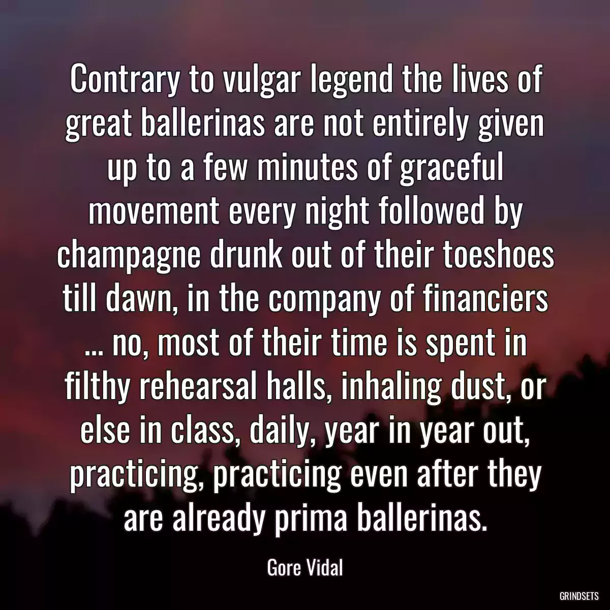 Contrary to vulgar legend the lives of great ballerinas are not entirely given up to a few minutes of graceful movement every night followed by champagne drunk out of their toeshoes till dawn, in the company of financiers ... no, most of their time is spent in filthy rehearsal halls, inhaling dust, or else in class, daily, year in year out, practicing, practicing even after they are already prima ballerinas.