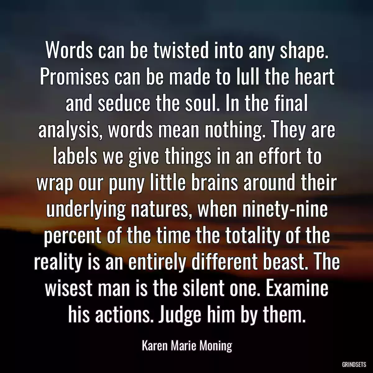 Words can be twisted into any shape. Promises can be made to lull the heart and seduce the soul. In the final analysis, words mean nothing. They are labels we give things in an effort to wrap our puny little brains around their underlying natures, when ninety-nine percent of the time the totality of the reality is an entirely different beast. The wisest man is the silent one. Examine his actions. Judge him by them.