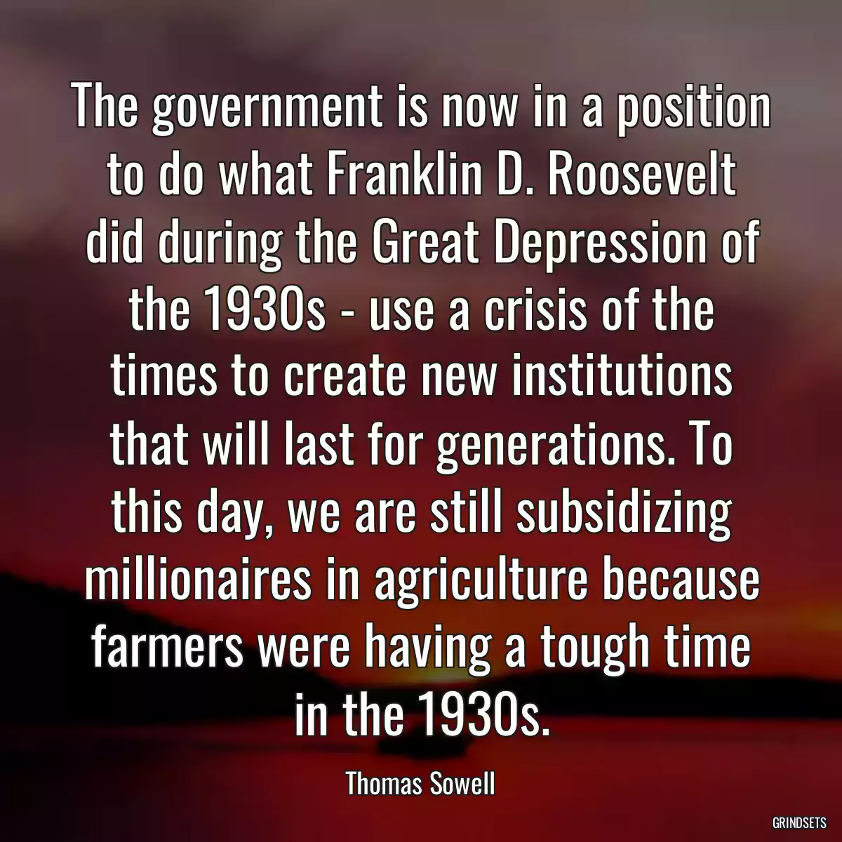 The government is now in a position to do what Franklin D. Roosevelt did during the Great Depression of the 1930s - use a crisis of the times to create new institutions that will last for generations. To this day, we are still subsidizing millionaires in agriculture because farmers were having a tough time in the 1930s.