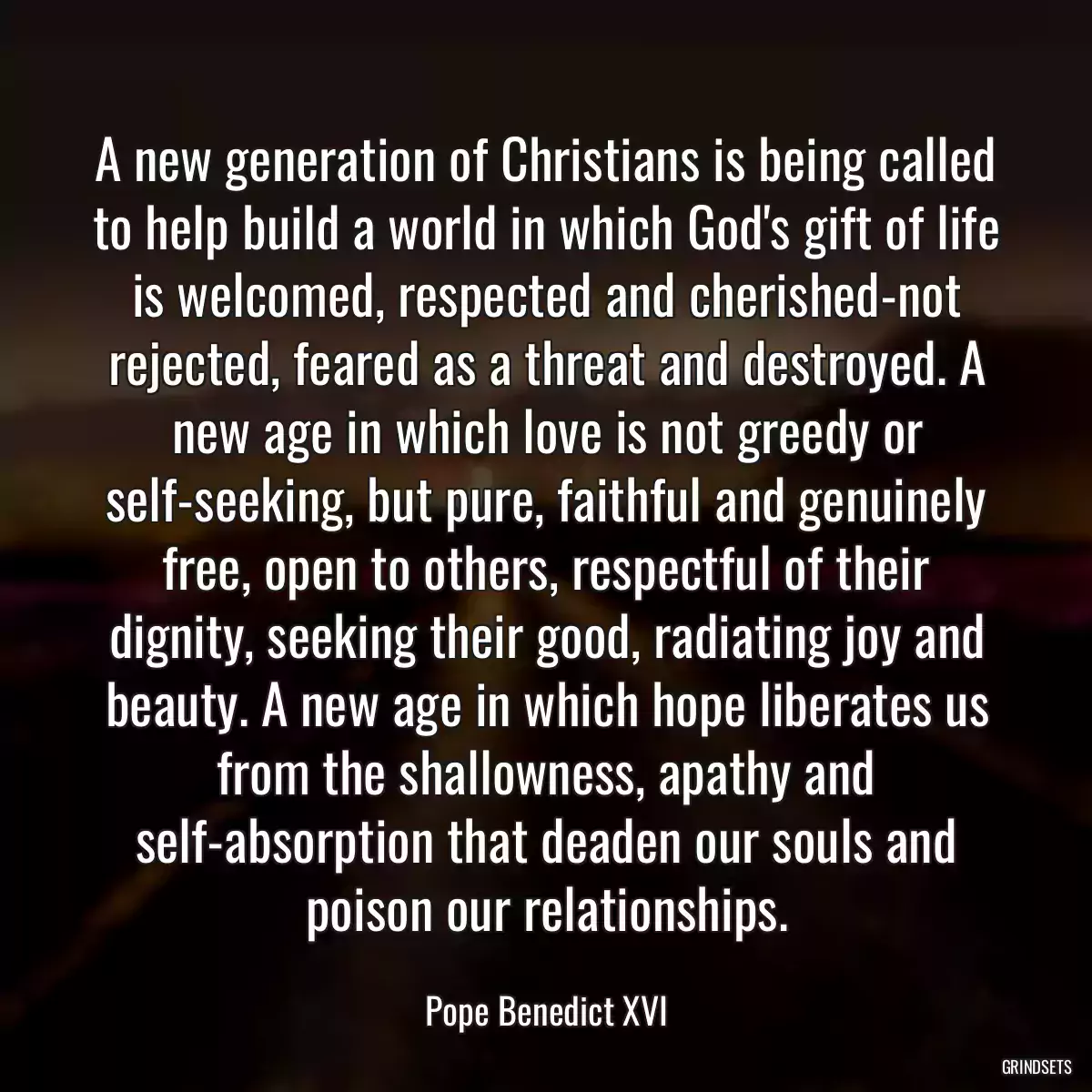 A new generation of Christians is being called to help build a world in which God\'s gift of life is welcomed, respected and cherished-not rejected, feared as a threat and destroyed. A new age in which love is not greedy or self-seeking, but pure, faithful and genuinely free, open to others, respectful of their dignity, seeking their good, radiating joy and beauty. A new age in which hope liberates us from the shallowness, apathy and self-absorption that deaden our souls and poison our relationships.