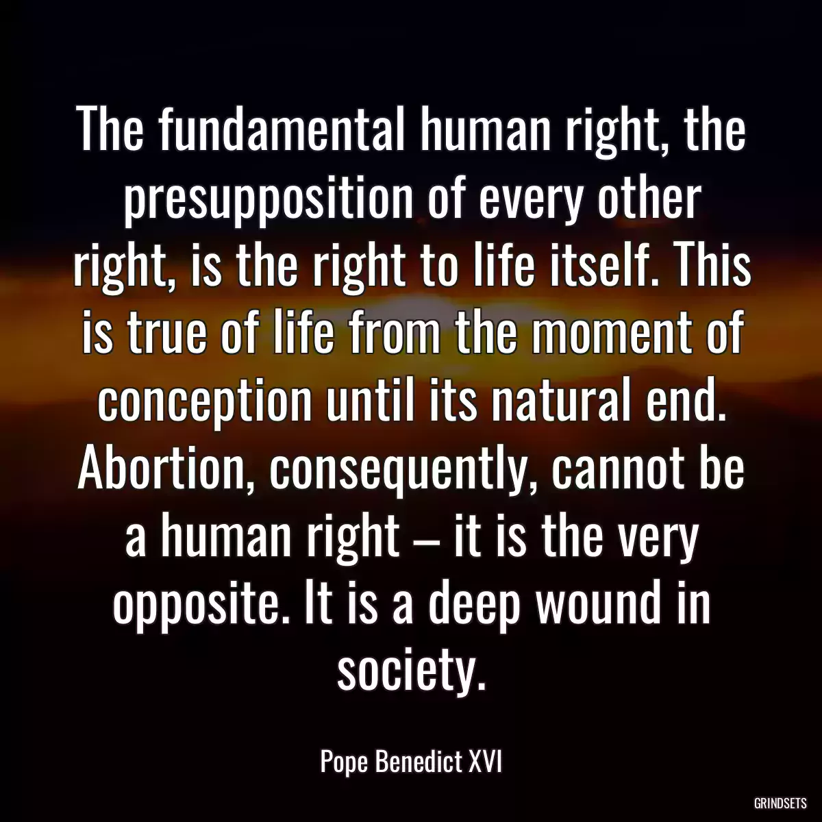 The fundamental human right, the presupposition of every other right, is the right to life itself. This is true of life from the moment of conception until its natural end. Abortion, consequently, cannot be a human right – it is the very opposite. It is a deep wound in society.