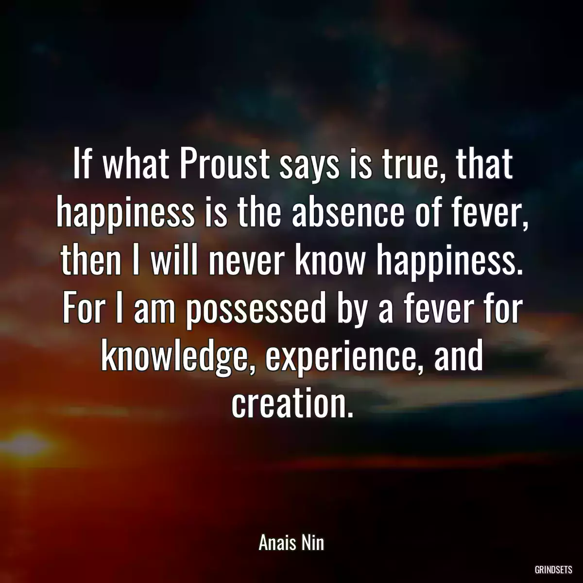 If what Proust says is true, that happiness is the absence of fever, then I will never know happiness. For I am possessed by a fever for knowledge, experience, and creation.