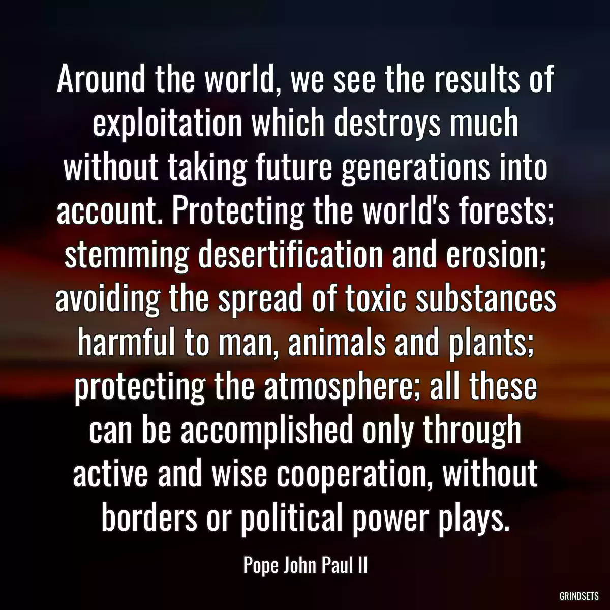 Around the world, we see the results of exploitation which destroys much without taking future generations into account. Protecting the world\'s forests; stemming desertification and erosion; avoiding the spread of toxic substances harmful to man, animals and plants; protecting the atmosphere; all these can be accomplished only through active and wise cooperation, without borders or political power plays.