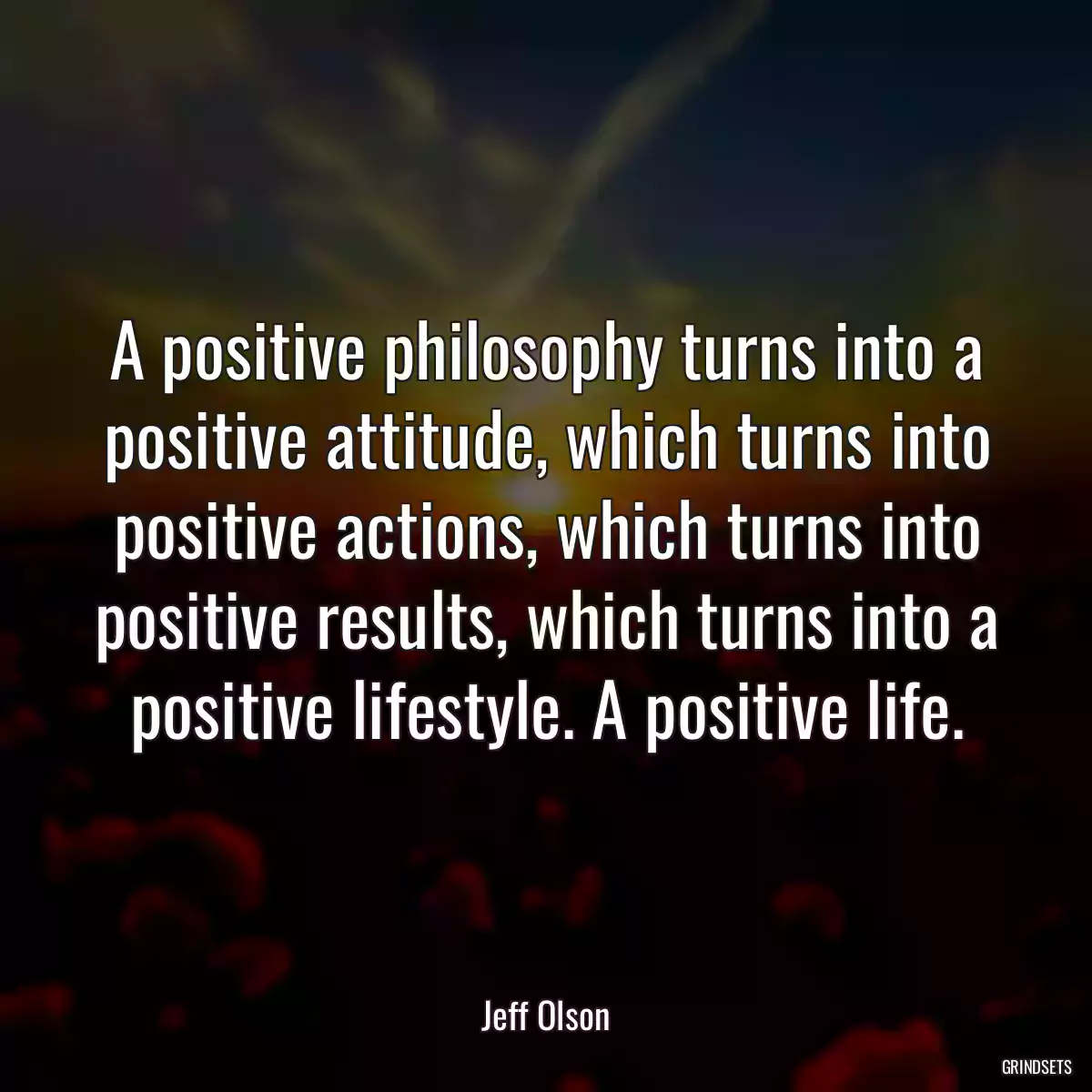 A positive philosophy turns into a positive attitude, which turns into positive actions, which turns into positive results, which turns into a positive lifestyle. A positive life.